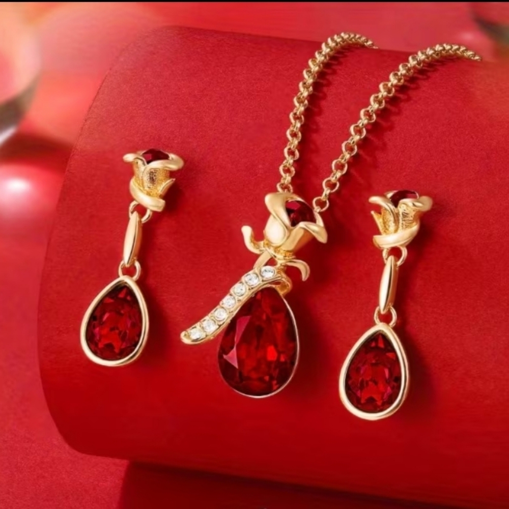 Gold and Red Teardrop Necklace & Earring Set - Elegant Women's Jewelry - Picture 2 of 4